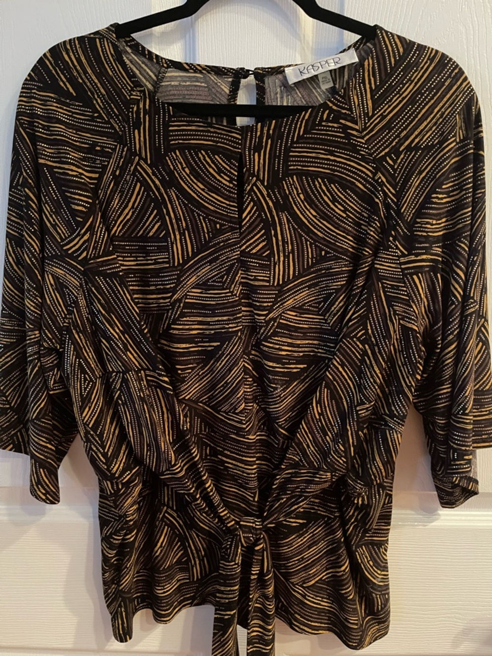 Kasper Black and Gold Abstract Tie-Front Tunic